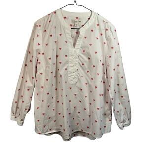 Coldwater Creek Henley Button Blouse PL Heart Graphic Cotton Lightweight V-Neck